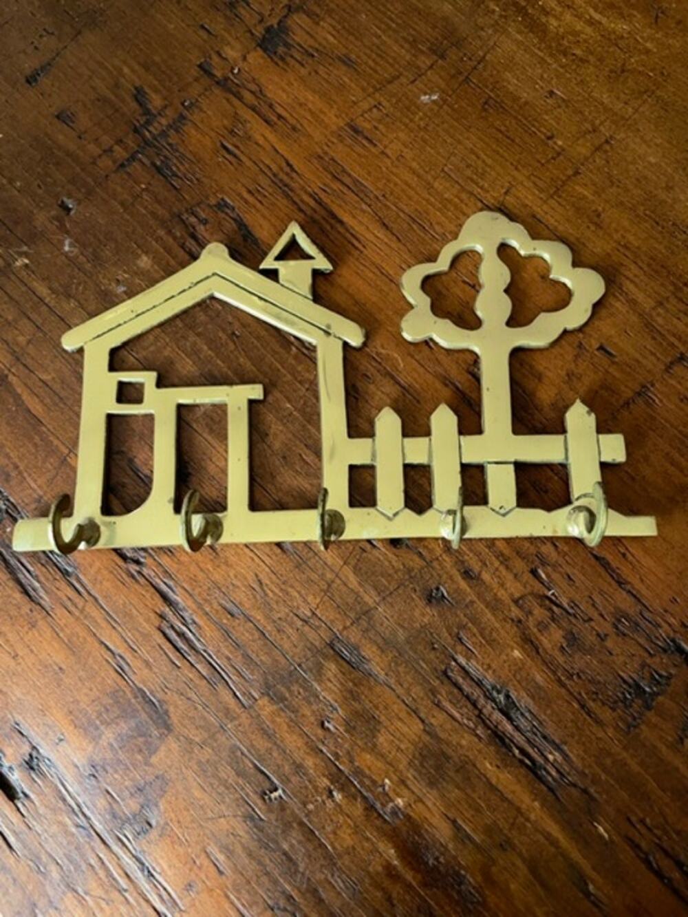 Vintage Solid Brass House Tree Picket Fence Key Holder Wall Hook Rack MCM